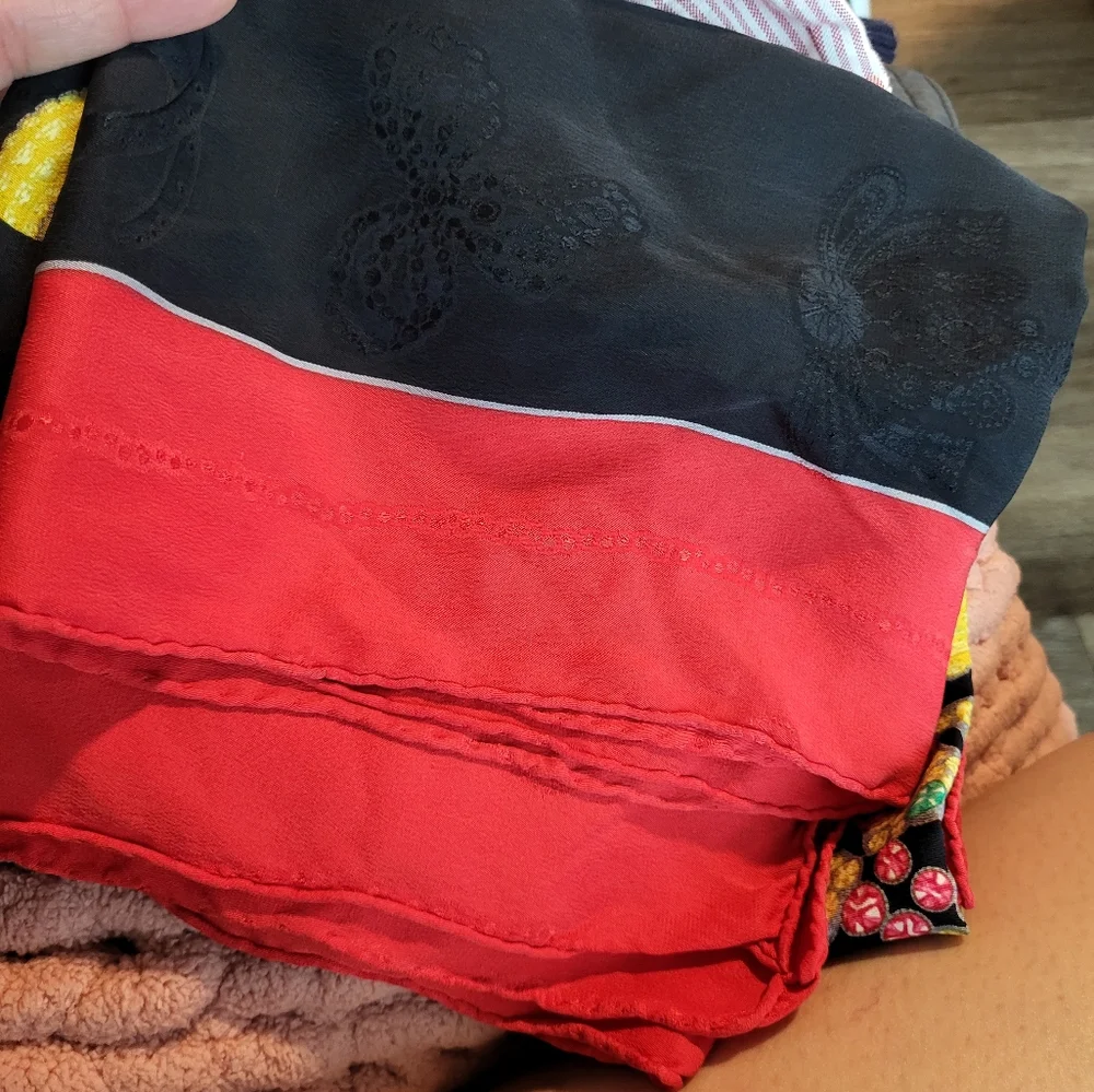 Cartier Black Scarf with Red Border and Yellow Floral Pattern